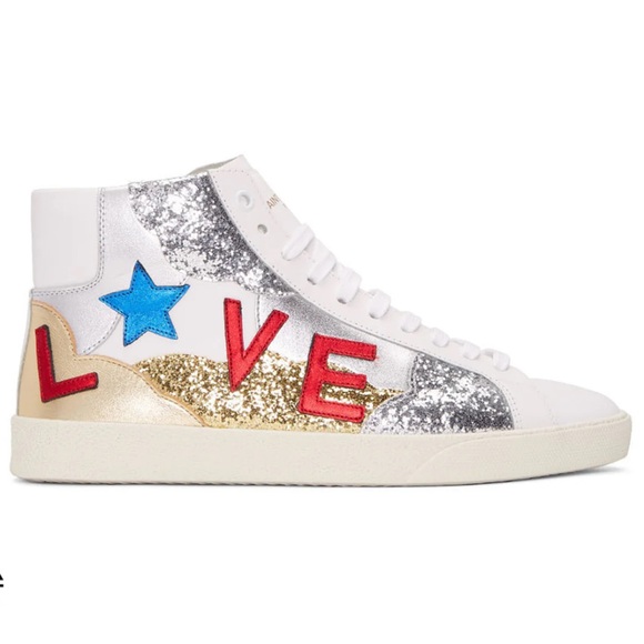 Yves Saint Laurent Other - YSL Mid top sneaker with appliqué “Love” “Stars” and glitter panels 43.5